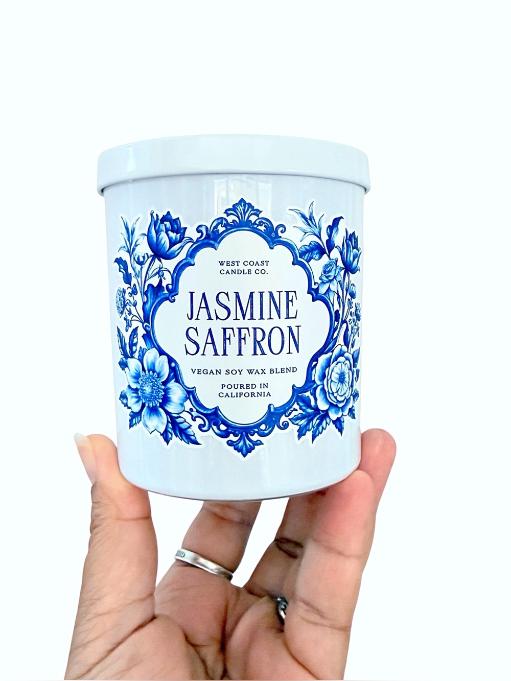 Leoben Company Jasmine Saffron Soy Scented Candle in White & Blue